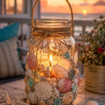 Jarro de vidro decorado com conchas e vela acesa sobre mesa de madeira durante pôr do sol