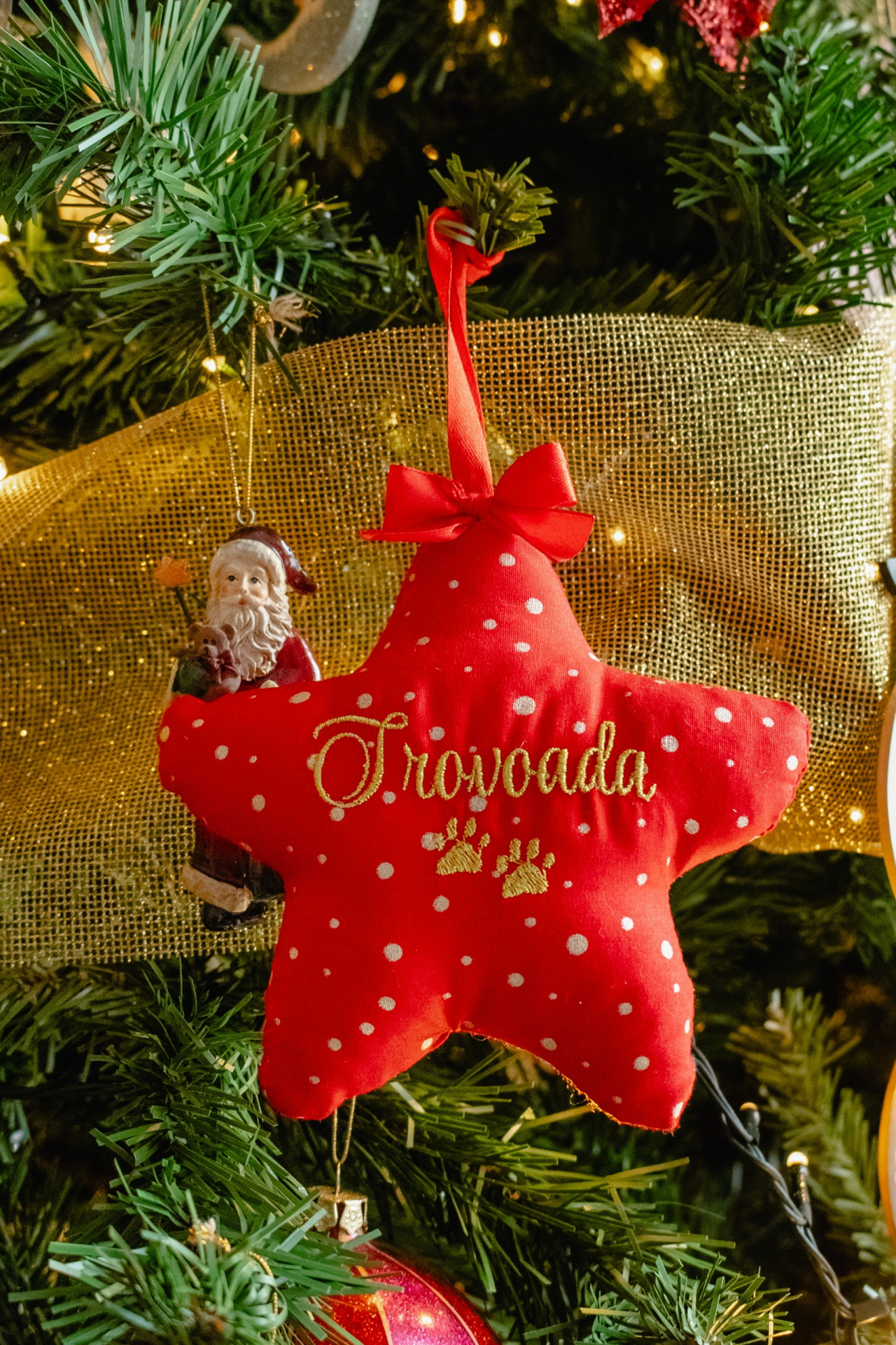 Enfeite estrela vermelho com bolinhas brancas e palavra Froivorada bordada em dourado numa árvore de Natal verde com luzes e fita dourada