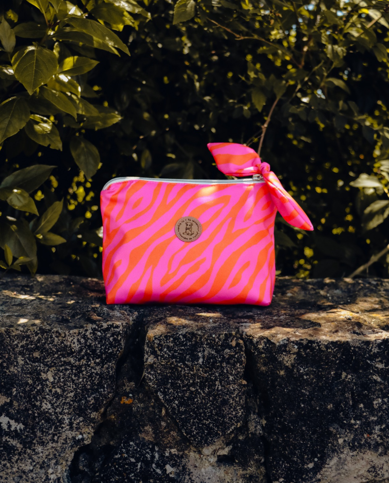 Necessaire rosa com riscas laranja sobre pedra com plantas ao fundo