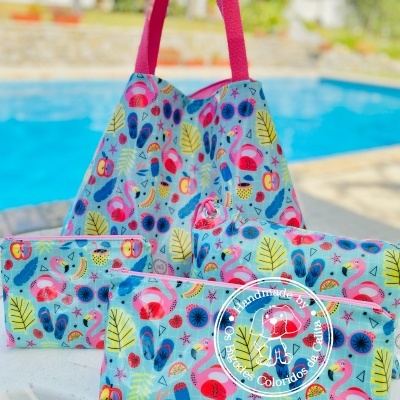 Saco de Praia Flamingos Verde Água