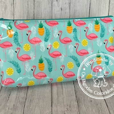 Necessaire Plastificada Grande Flamingos&Ananases
