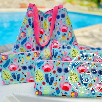 Saco de Praia Flamingos Verde Água