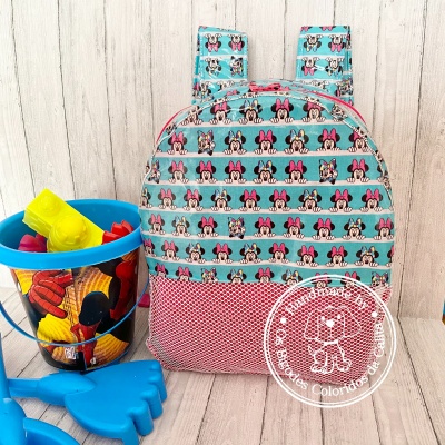 Mochila infantil Minnie Mouse azul e rosa com bolso em rede e balde de brinquedos do Homem-Aranha