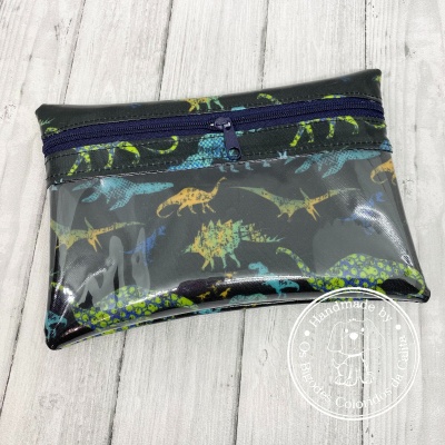 Bolsa pequena transparente com padrão de dinossauros coloridos e fecho azul