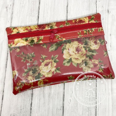 Carteira floral vermelha com fecho de correr e selo handmade
