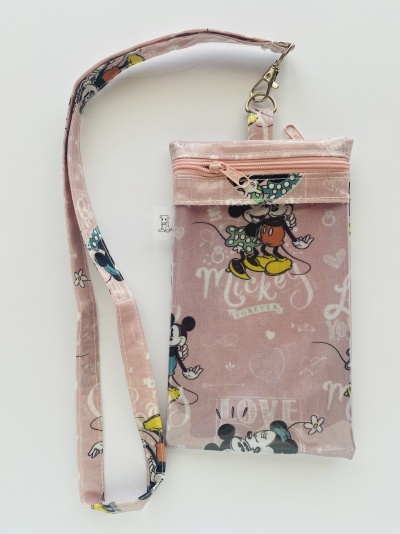 Bolsa de tecido rosa com estampa Disney Mickey e Minnie Mouse e alça para pendurar
