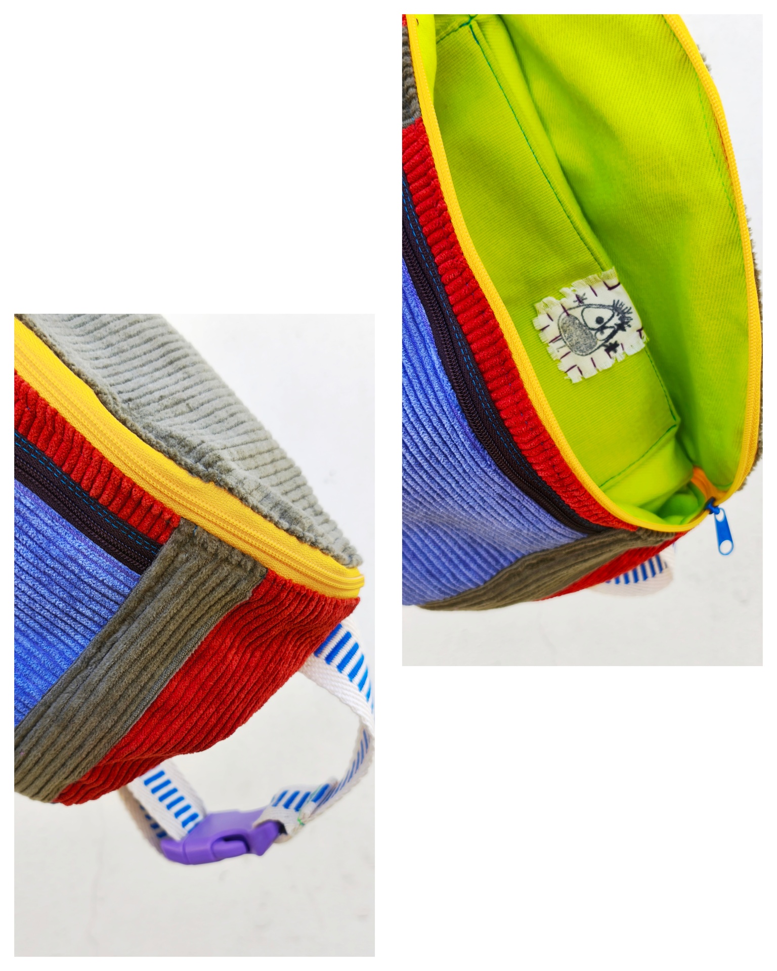 Bolsa de cintura BOMBAzine! mochila colorida de veludo cotelê com fecho amarelo e interior verde-limão