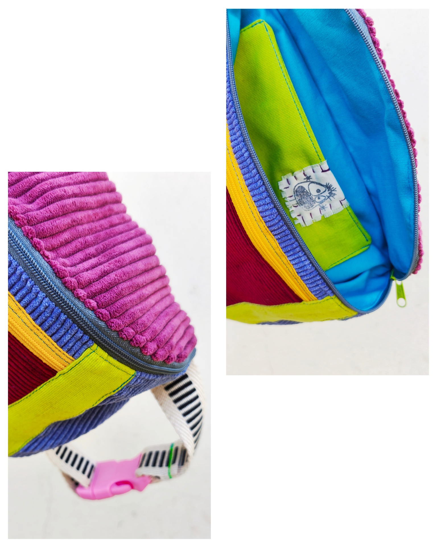 Bolsa de cintura BOMBAzine! Mochila colorida em veludo cotelê com fecho e interior azul
