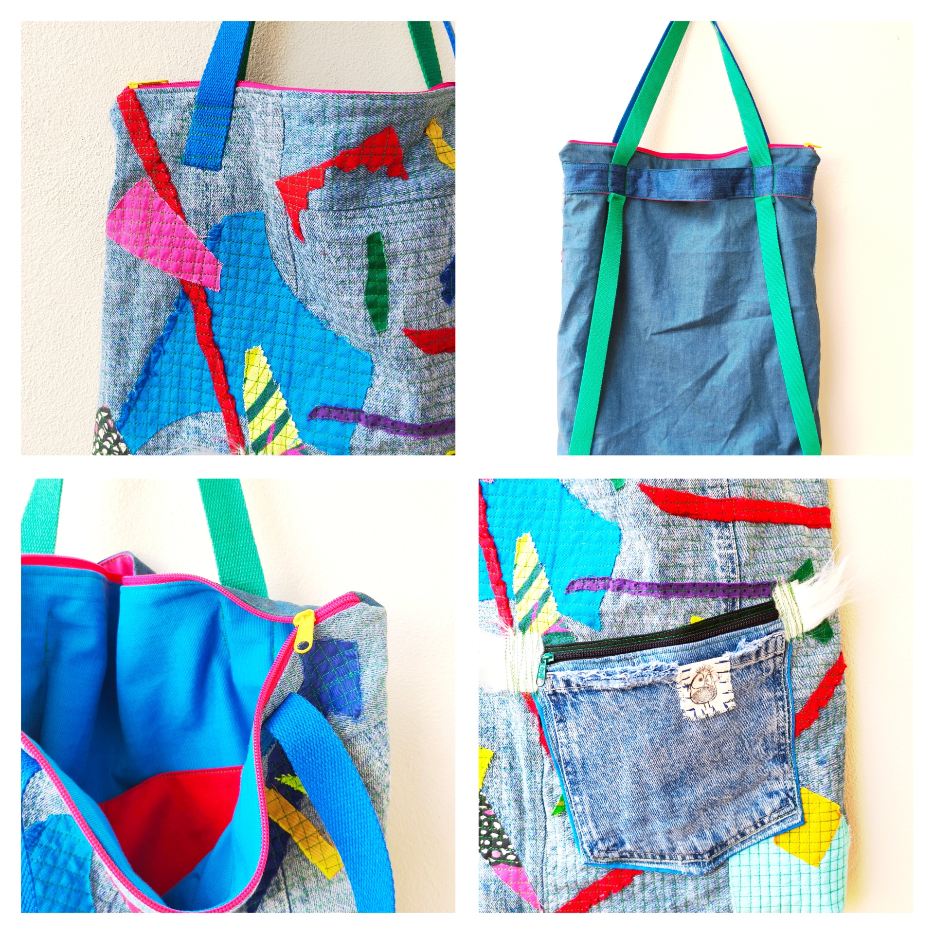 Bolsa/Mochila Mala tote em tecido jeans com padrões coloridos e bolso frontal em ganga.