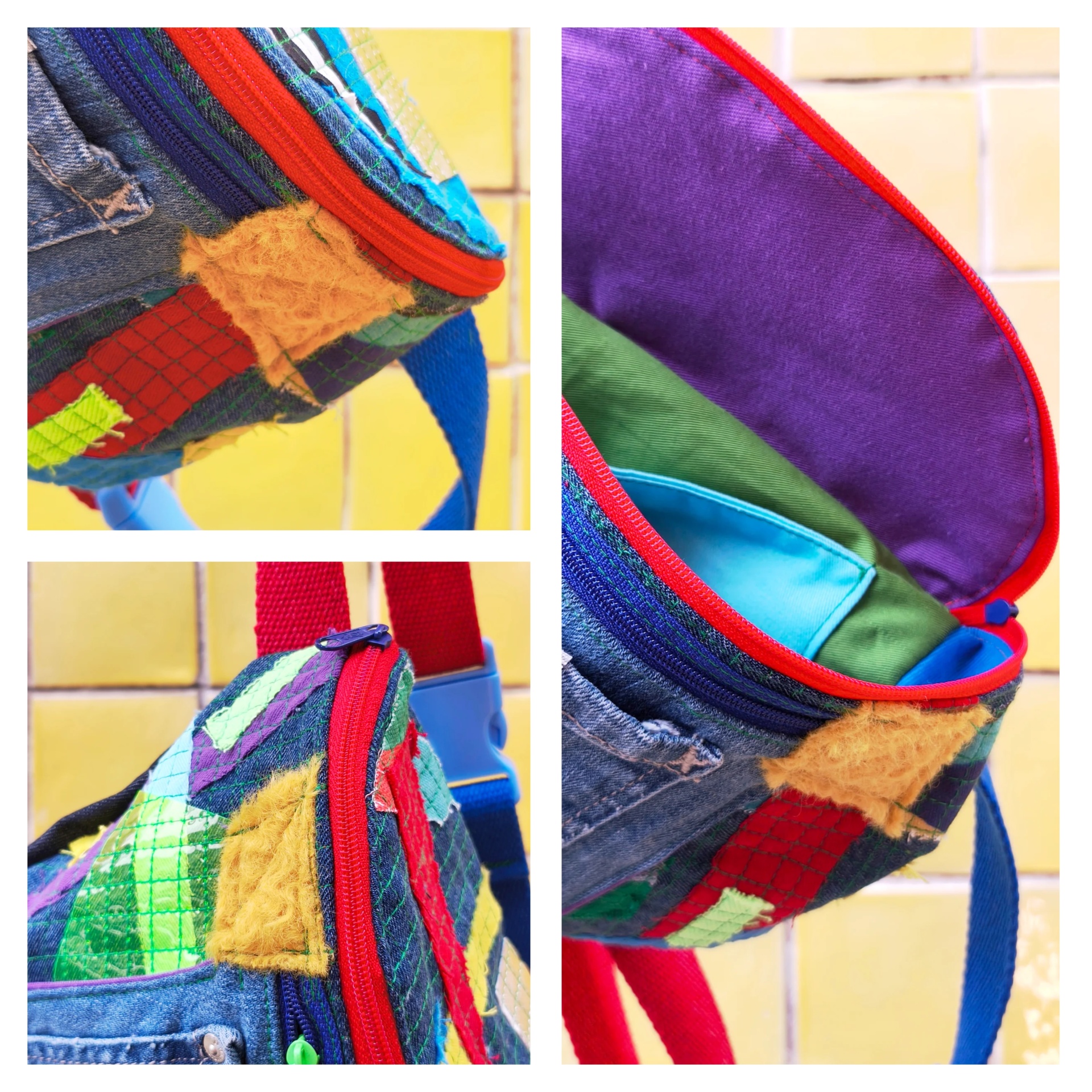 Bolsas de cintura Trapo! Mochila patchwork colorida com tecido de ganga e fecho vermelho, vista dos detalhes e interior colorido
