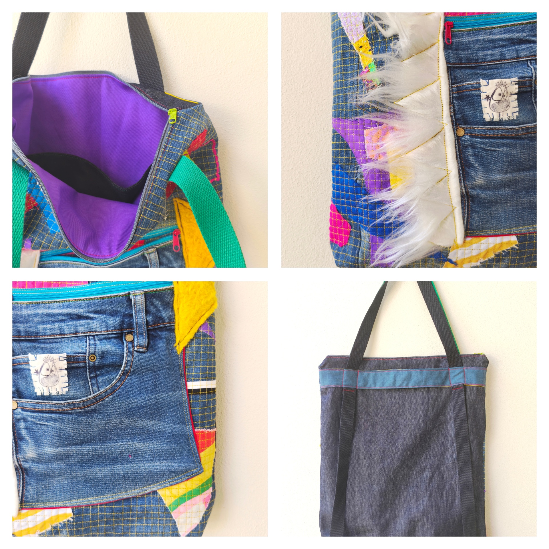 Bolsa/Mochila Mala de pano com ganga e tecido colorido, interior roxo, alças negras e um patch branco com desenho