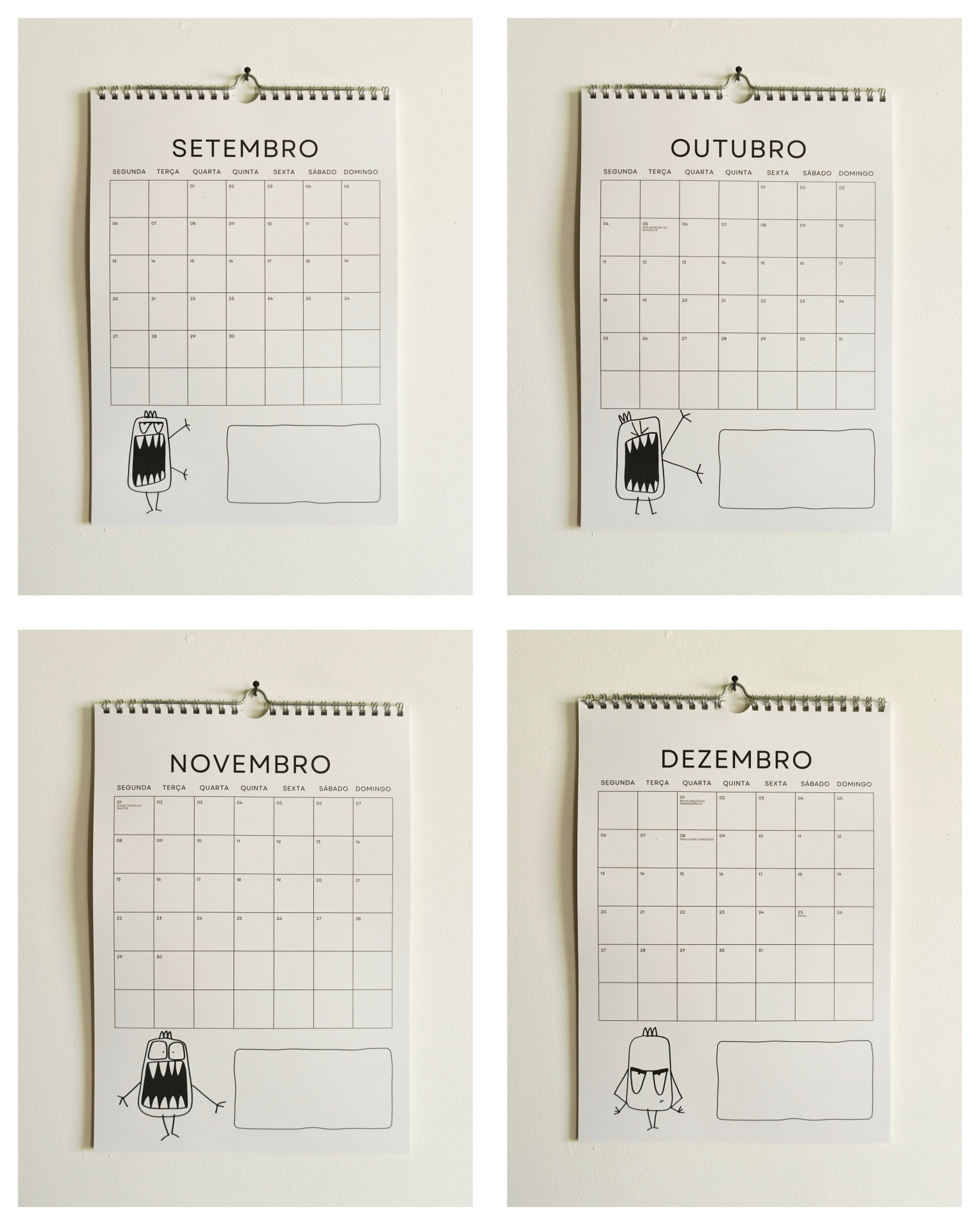 Calendário 2027 Calendários mensais de parede com desenhos caricaturados nas cores preto e branco.