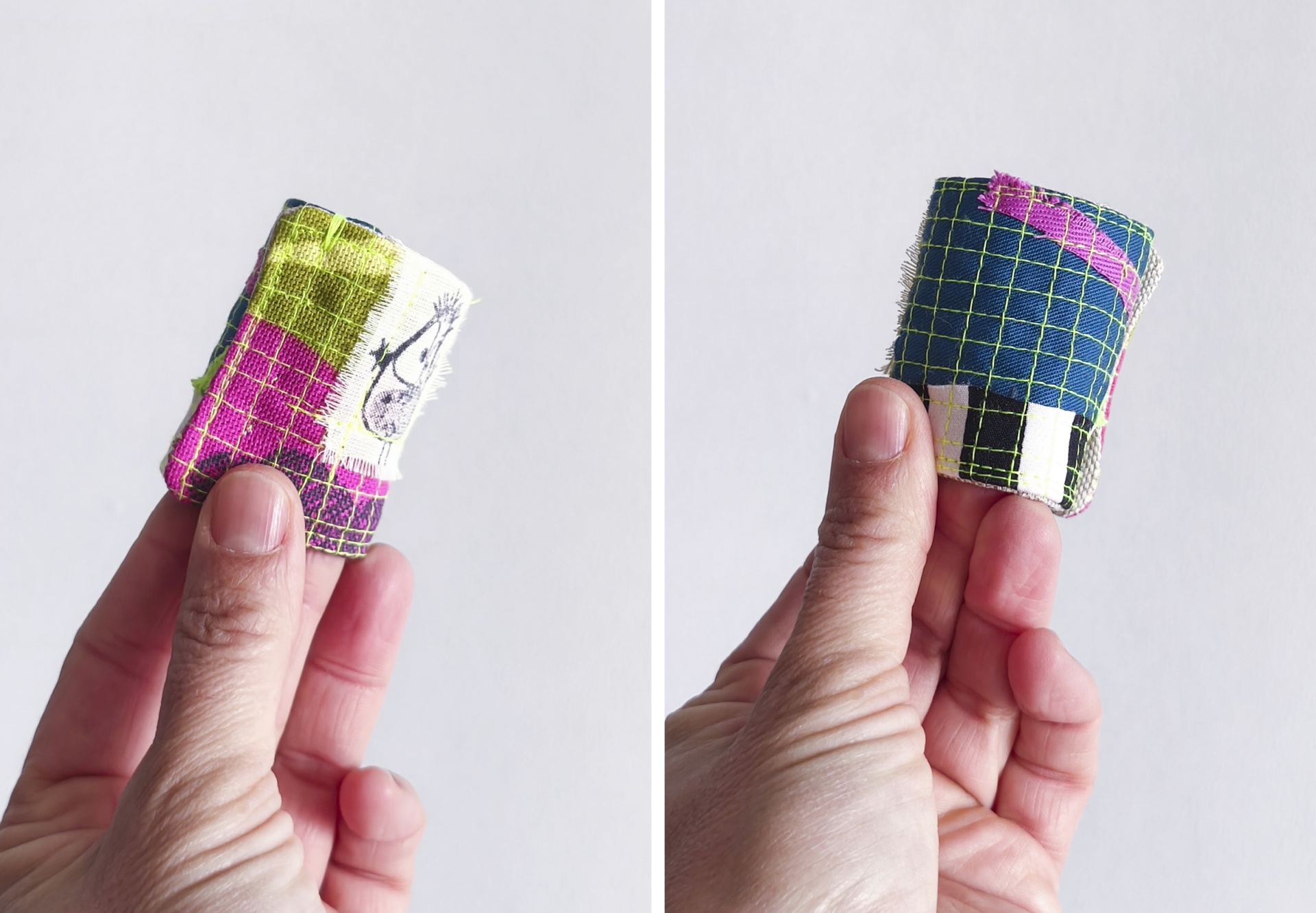 Argolas para guardanapos Dedal de tecido colorido com padrão quadrado segurado por mão
