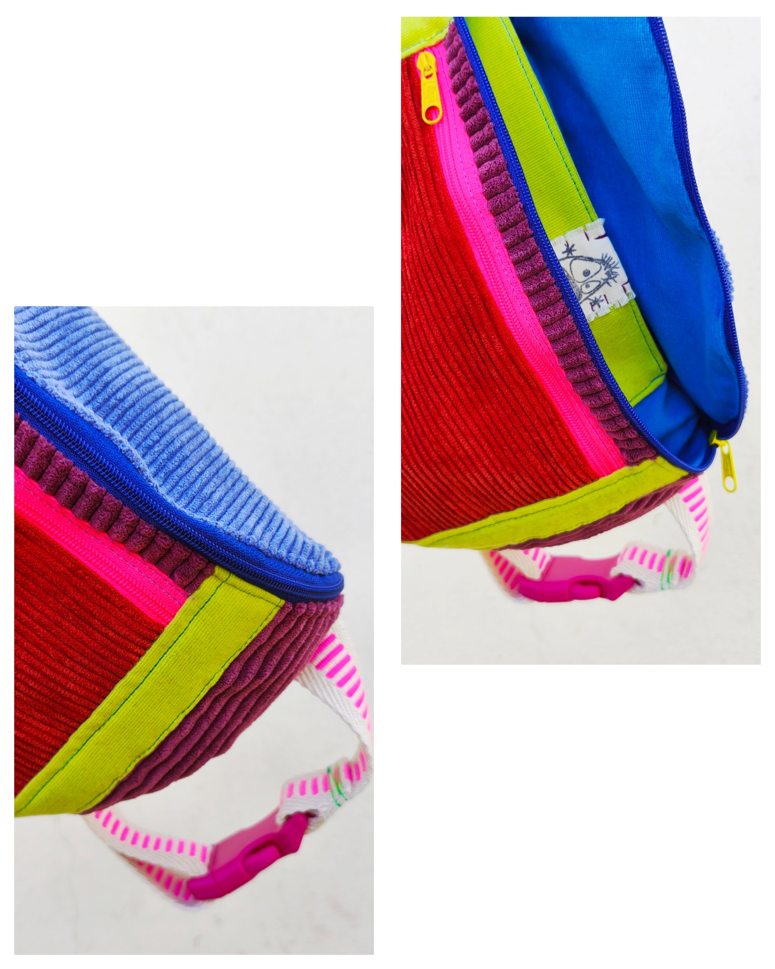 Bolsa de cintura BOMBAzine! Bolsa colorida em tecido de veludo cotelê com detalhes em cores diversas e alça branca com padrão rosa.