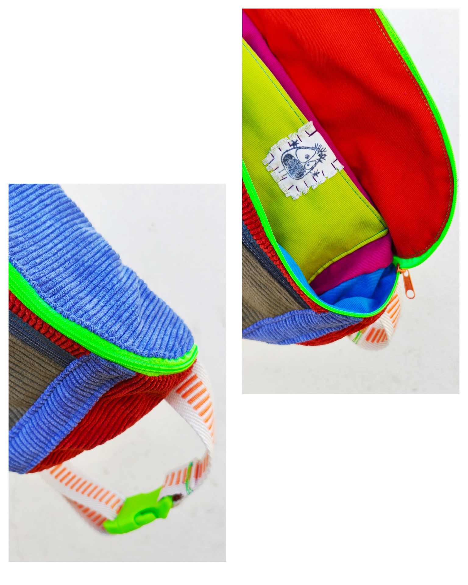 Bolsa de cintura BOMBAzine! Mochila colorida em veludo cotelê com fecho verde fluorescente e etiqueta interna com rosto estilizado