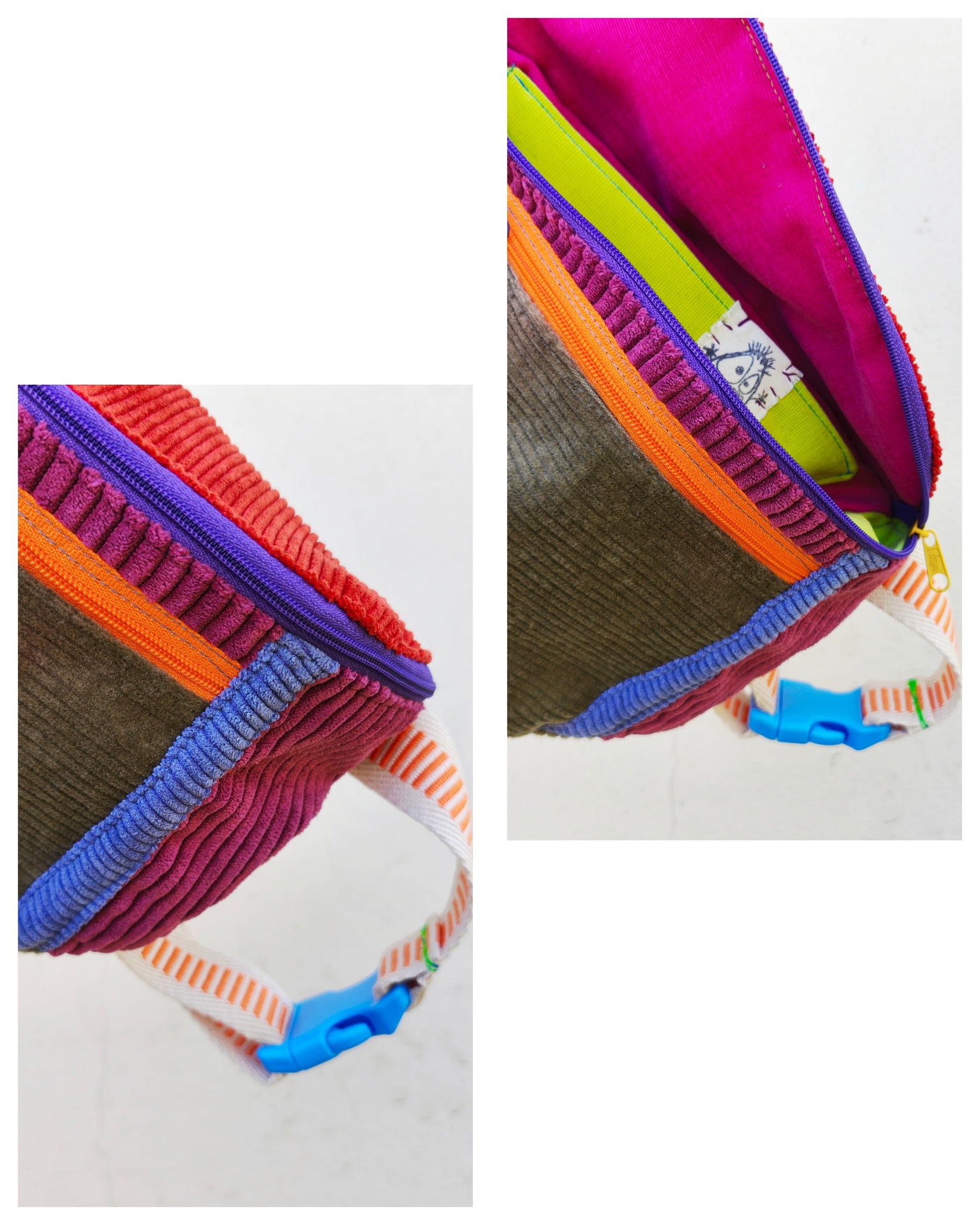 Bolsa de cintura BOMBAzine! Mala tiracolo colorida de veludo cotelê com fecho de correr e alça com fecho de plástico azul