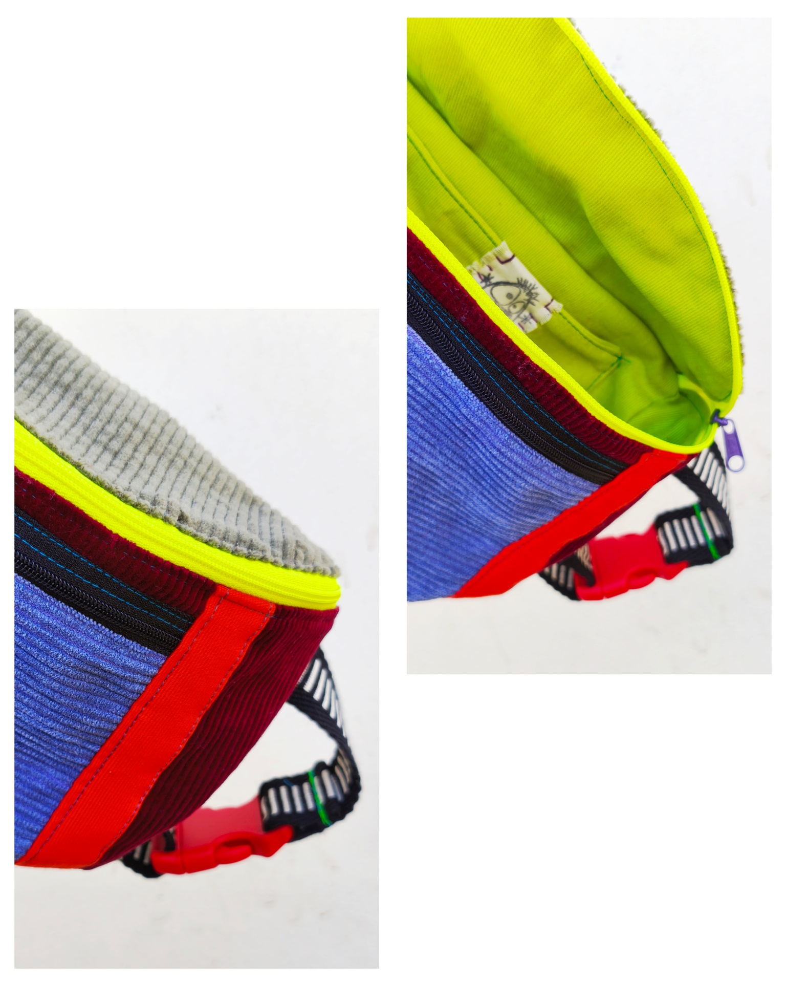 Bolsa de cintura BOMBAzine! Mala de cintura multicolorida com fecho amarelo e interior amarelo