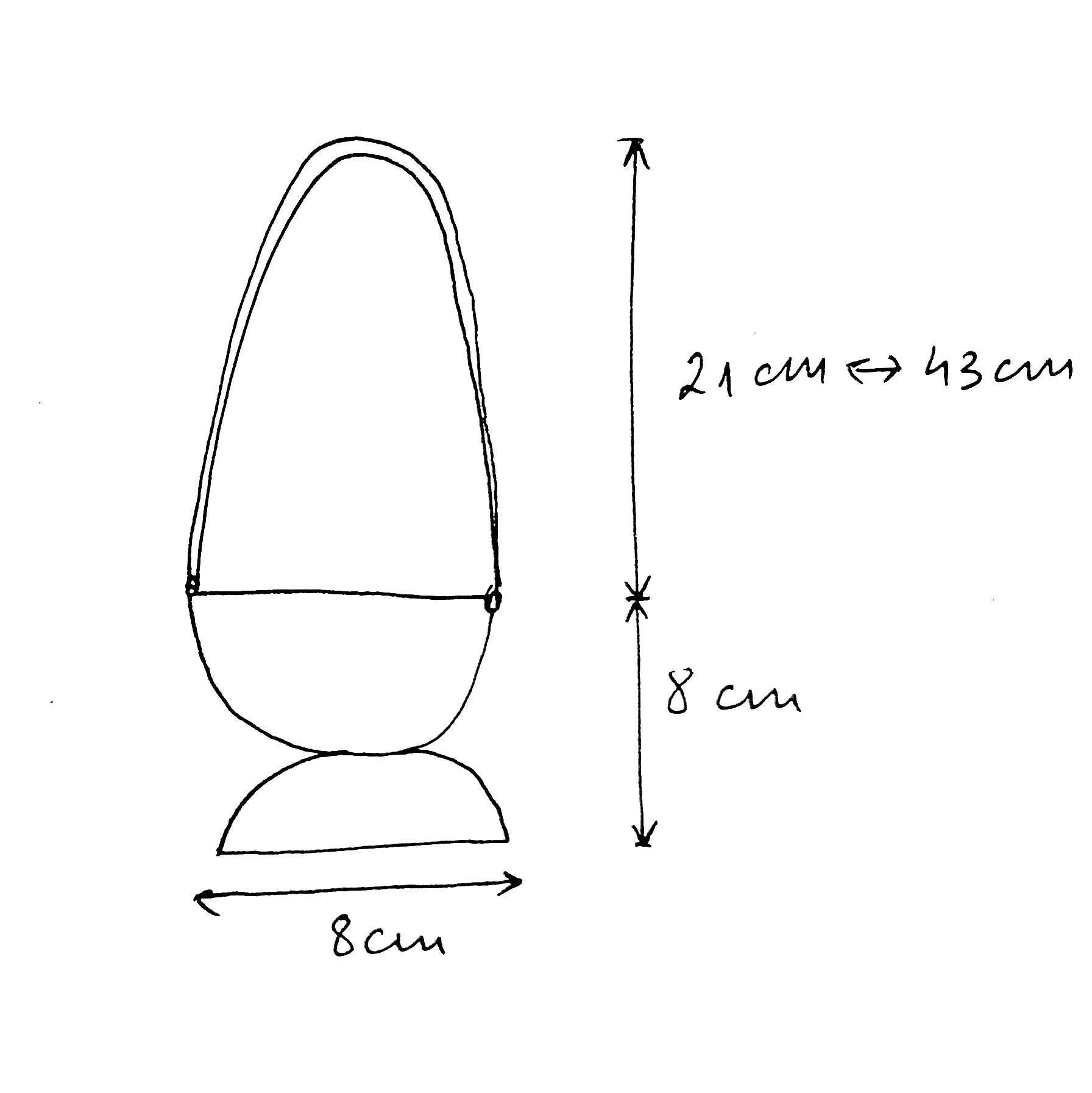 Colar Trapo Desenho a preto e branco de uma bolsa com alça longa e forma arredondada com dimensões indicadas.