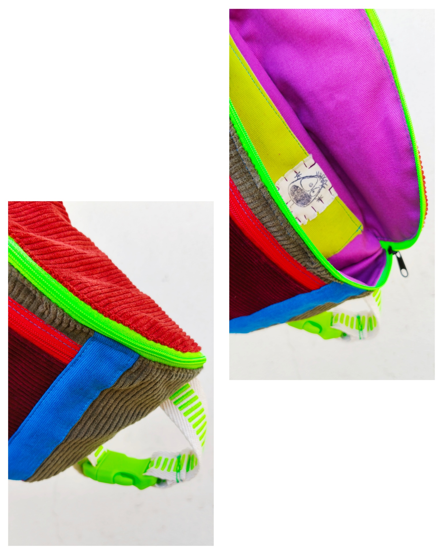 Bolsa de cintura BOMBAzine! Mochila colorida com fecho verde neon e interior lilás
