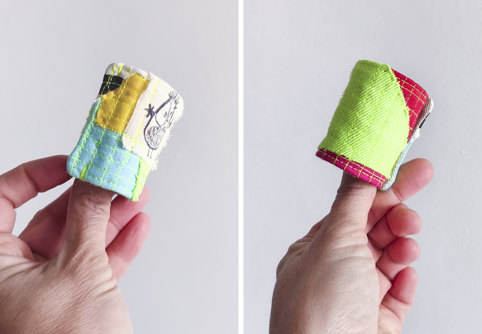 Argolas para guardanapos Dedal patchwork colorido de tecido com costura visível numa mão