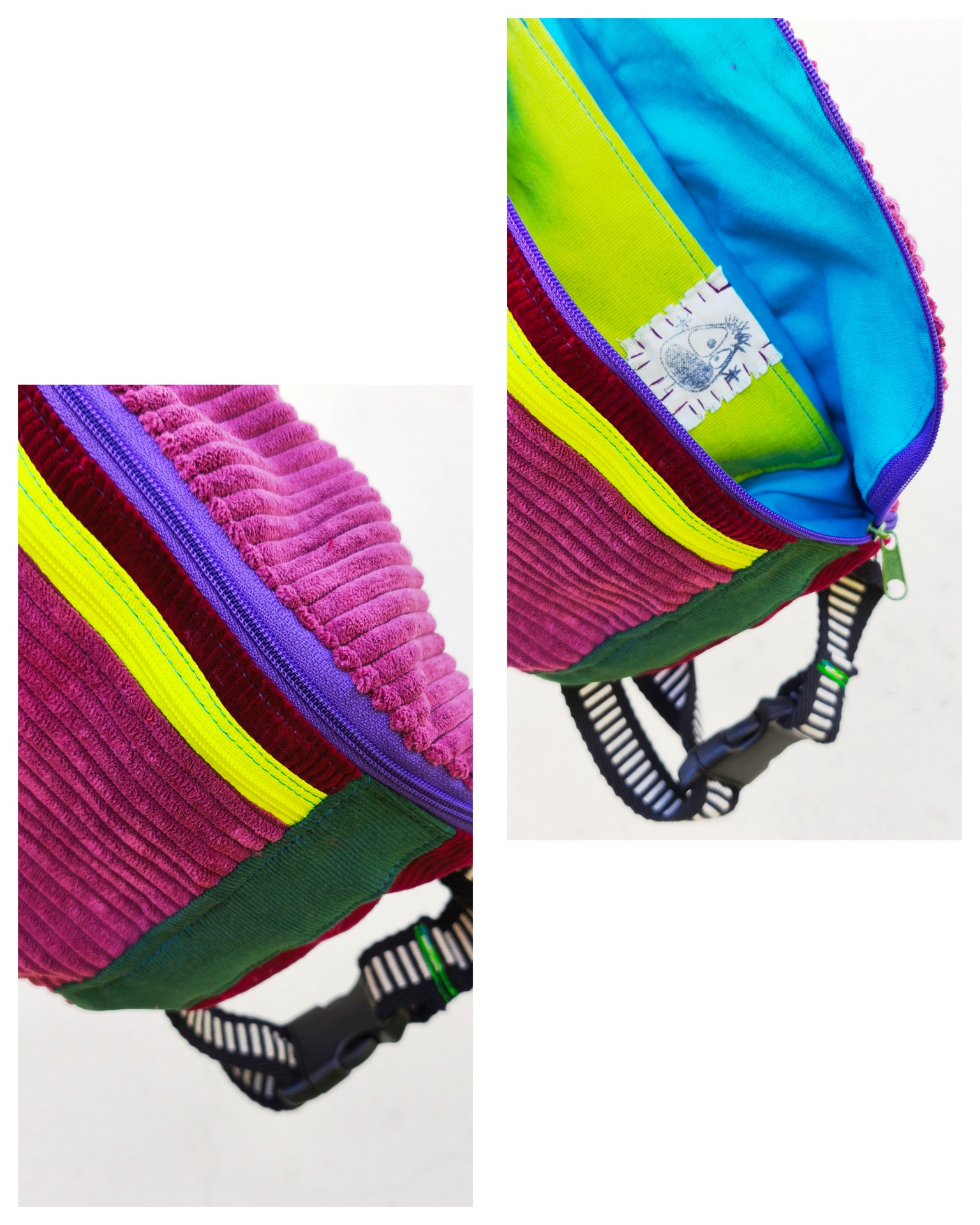 Bolsa de cintura BOMBAzine! Mochila colorida com tecido veludo cotelê e fecho amarelo e lilás