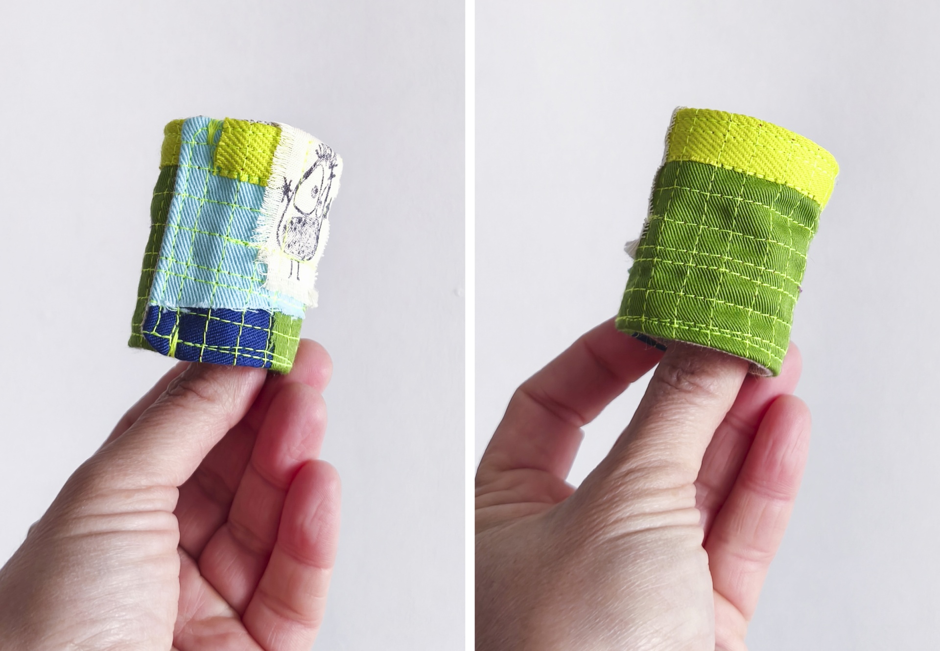 Argolas para guardanapos Pulso de patchwork colorido com costuras e bordado de personagem