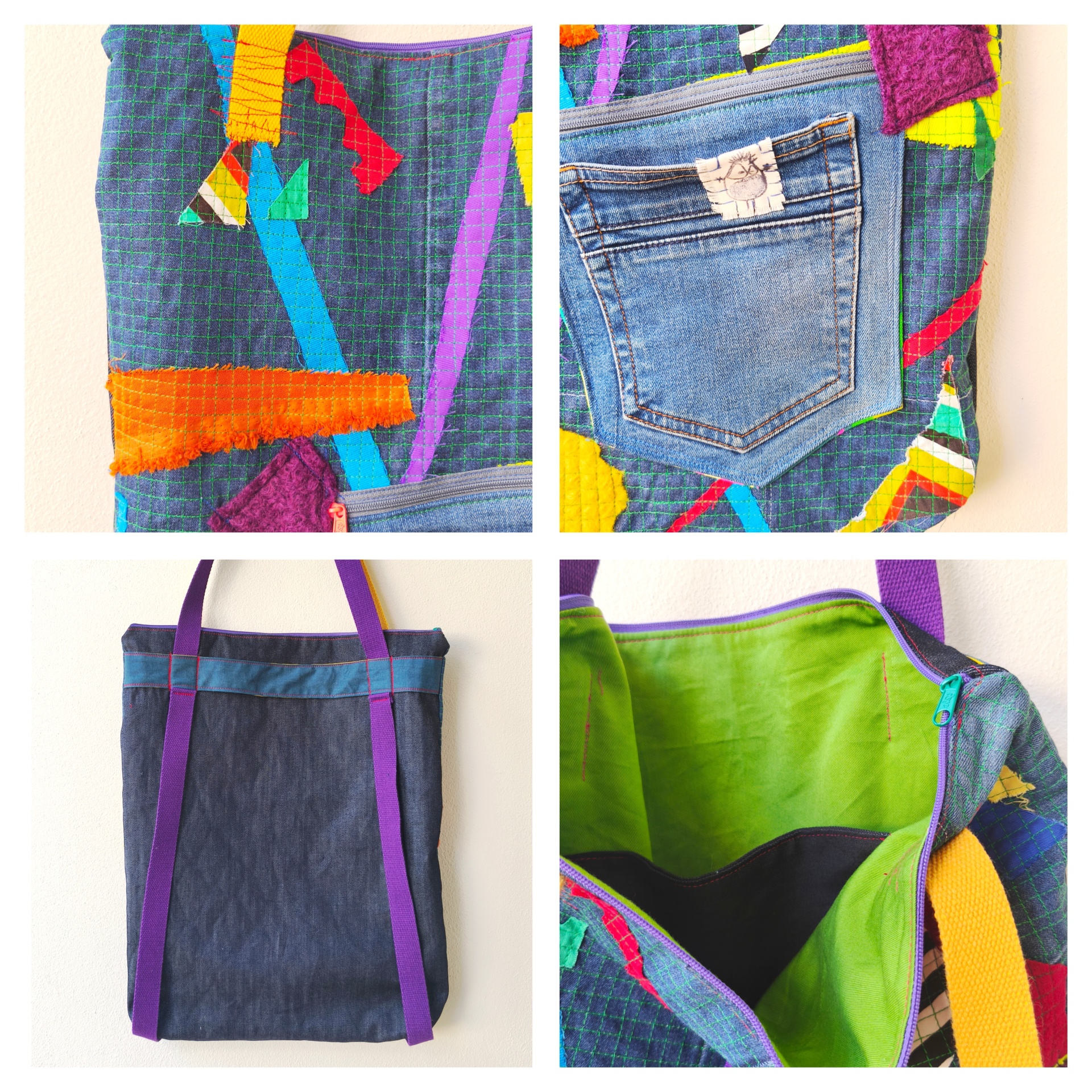 Bolsa/Mochila Mochila de tecido colorido com bolso de jeans e interior verde claro