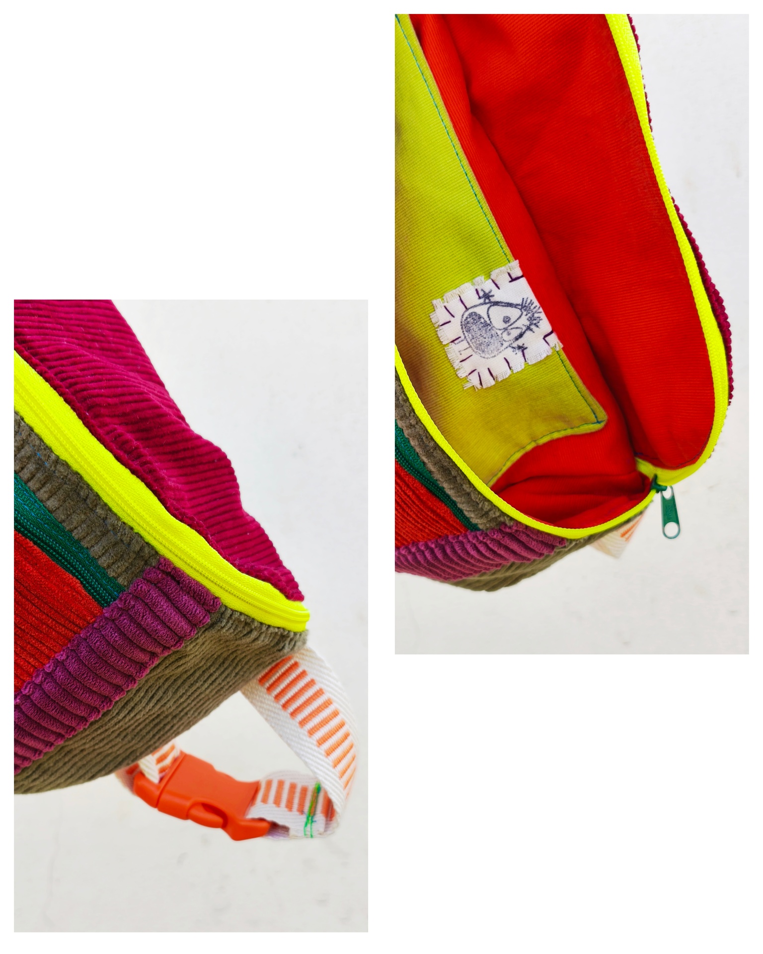 Bolsa de cintura BOMBAzine! Mochila colorida de veludo cotelê com fecho amarelo-neon e interior vermelho