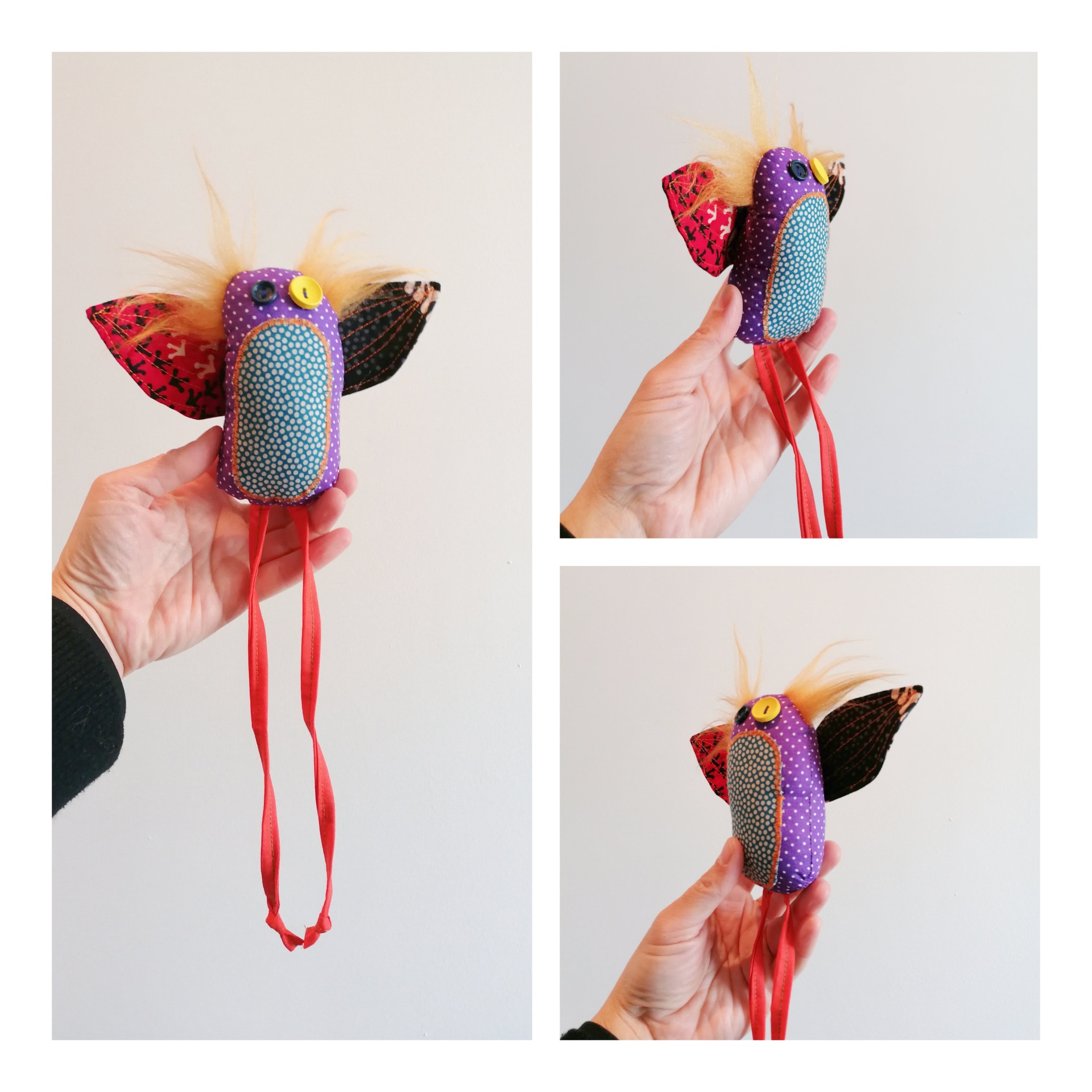 Passatortos! Borboleta decorativa em tecido colorido com penas e fita vermelha.