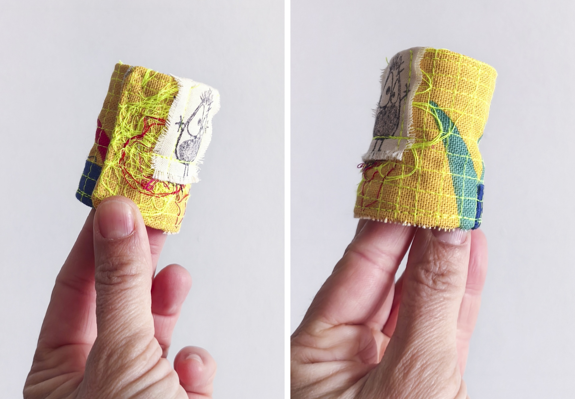 Argolas para guardanapos Dedal de tecido amarelo com bordados coloridos e etiqueta com desenho