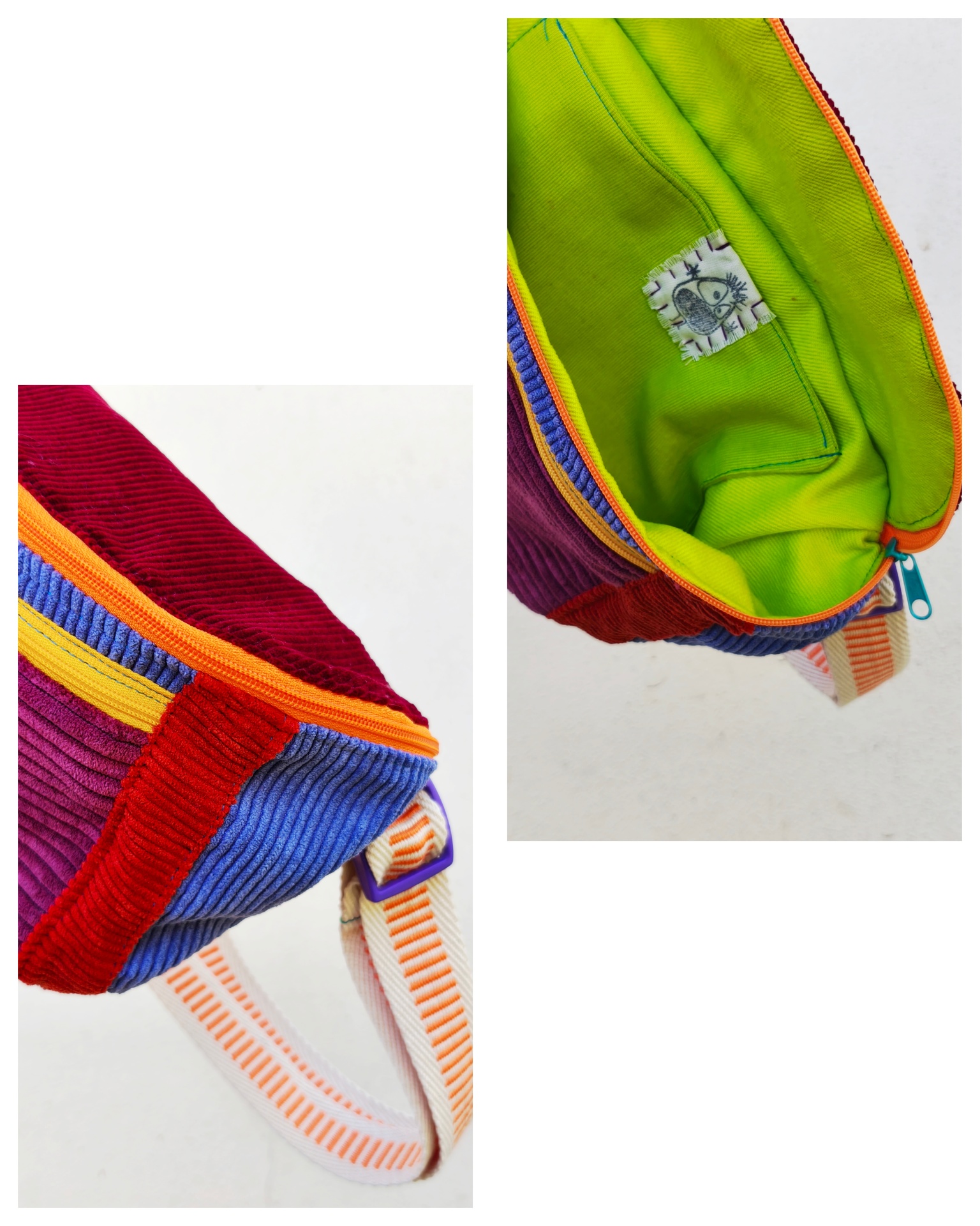 Bolsa de cintura BOMBAzine! Mochila colorida de veludo cotelê com fecho de correr laranja e interior verde limão.