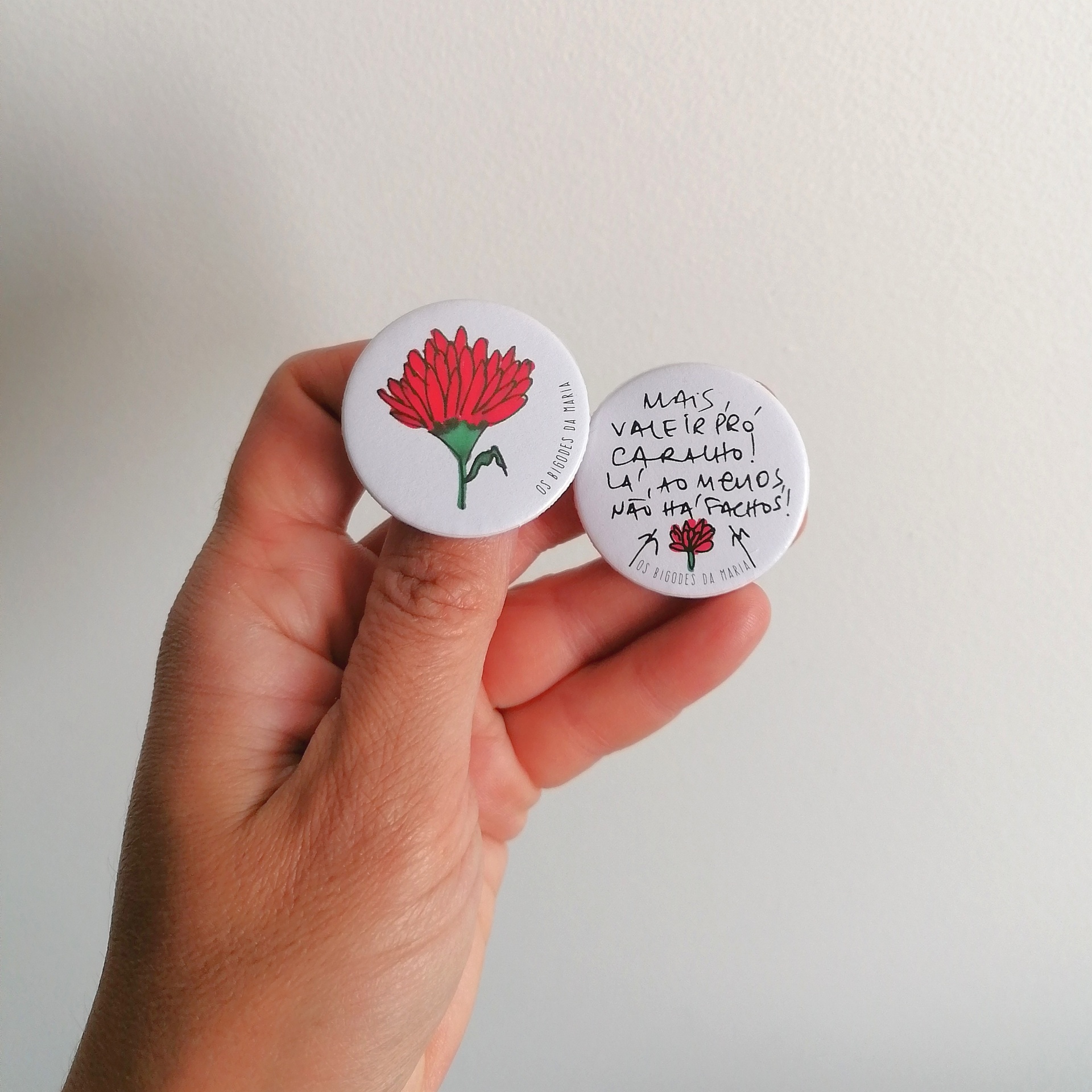 Pins anti-facho! Dois batons com tampas brancas, um com flor vermelha e outro com texto manuscrito em português.