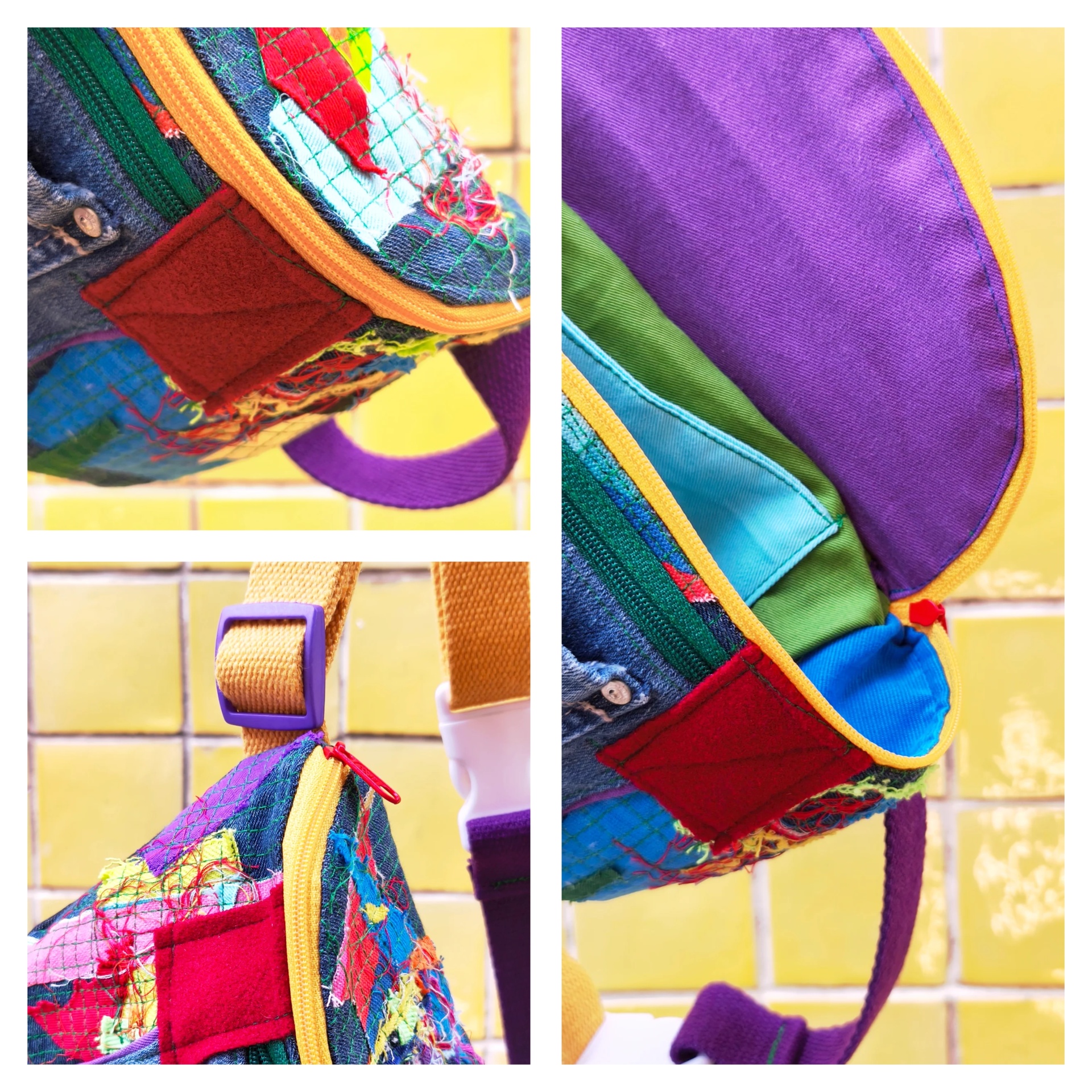Bolsas de cintura Trapo! Mochila colorida patchwork com alças roxas e fecho amarelo
