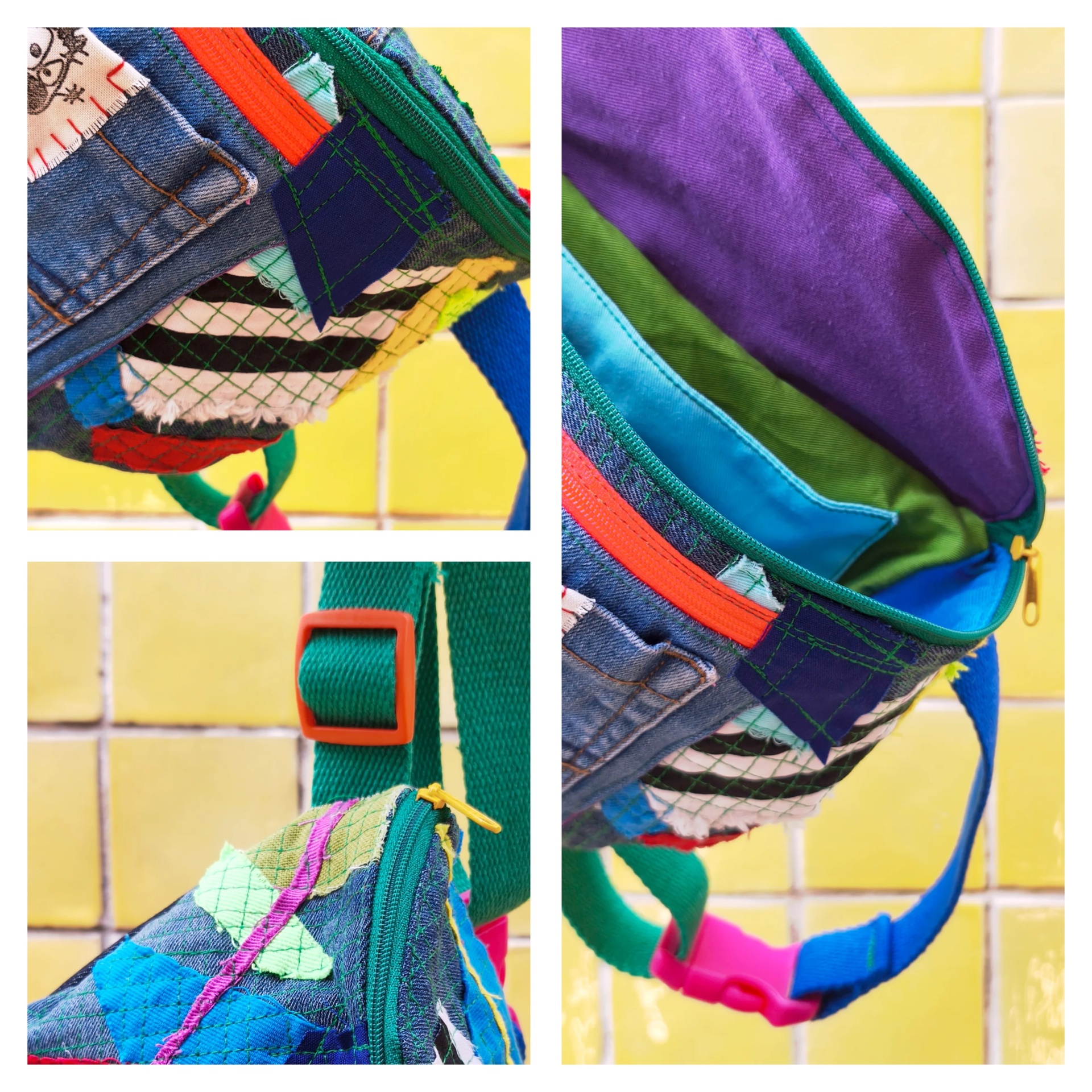 Bolsas de cintura Trapo! Mochila colorida em patchwork com detalhes em jeans e zíperes laranja e verde