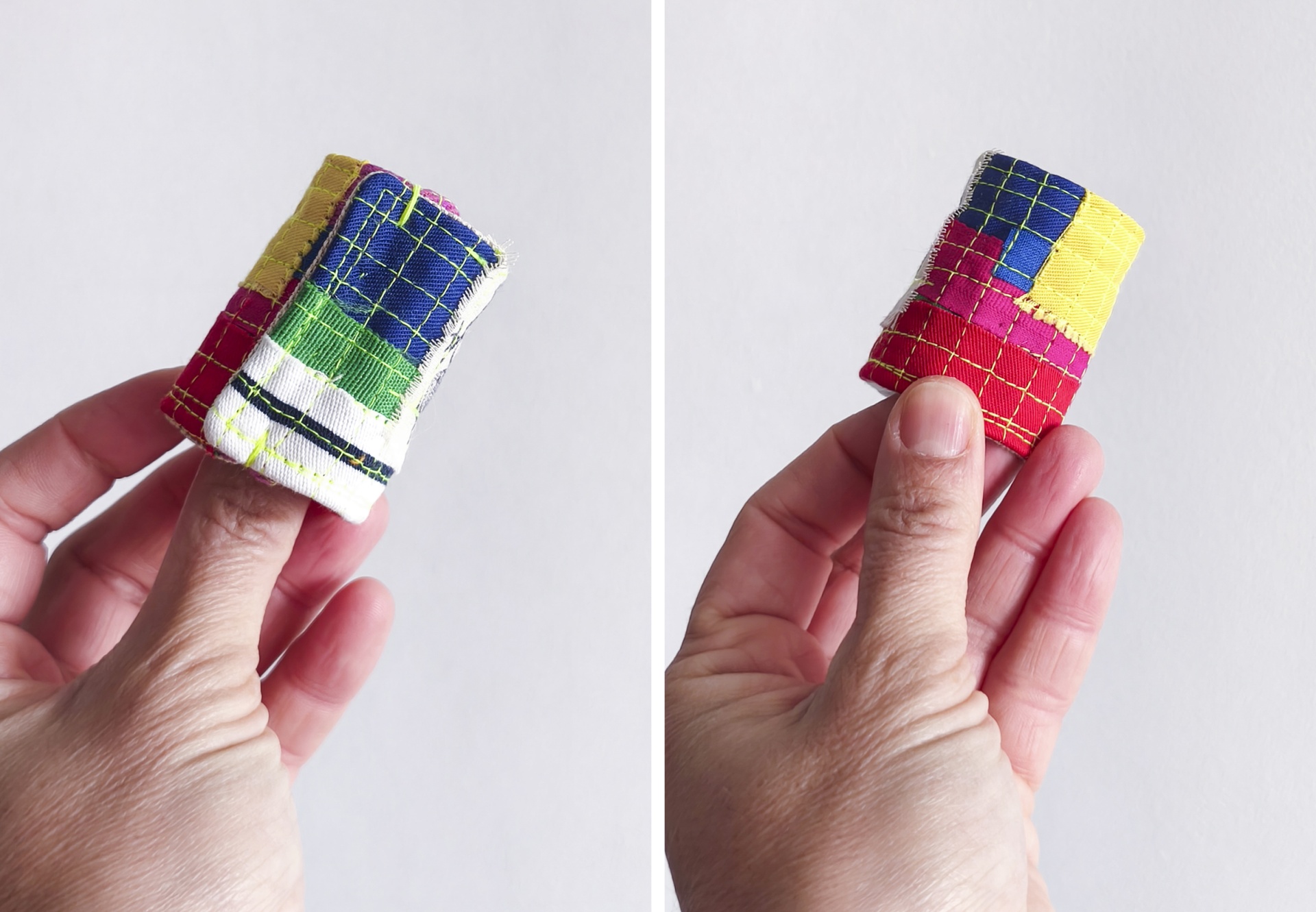 Argolas para guardanapos Dedo com capa de tecido colorido aos quadrados