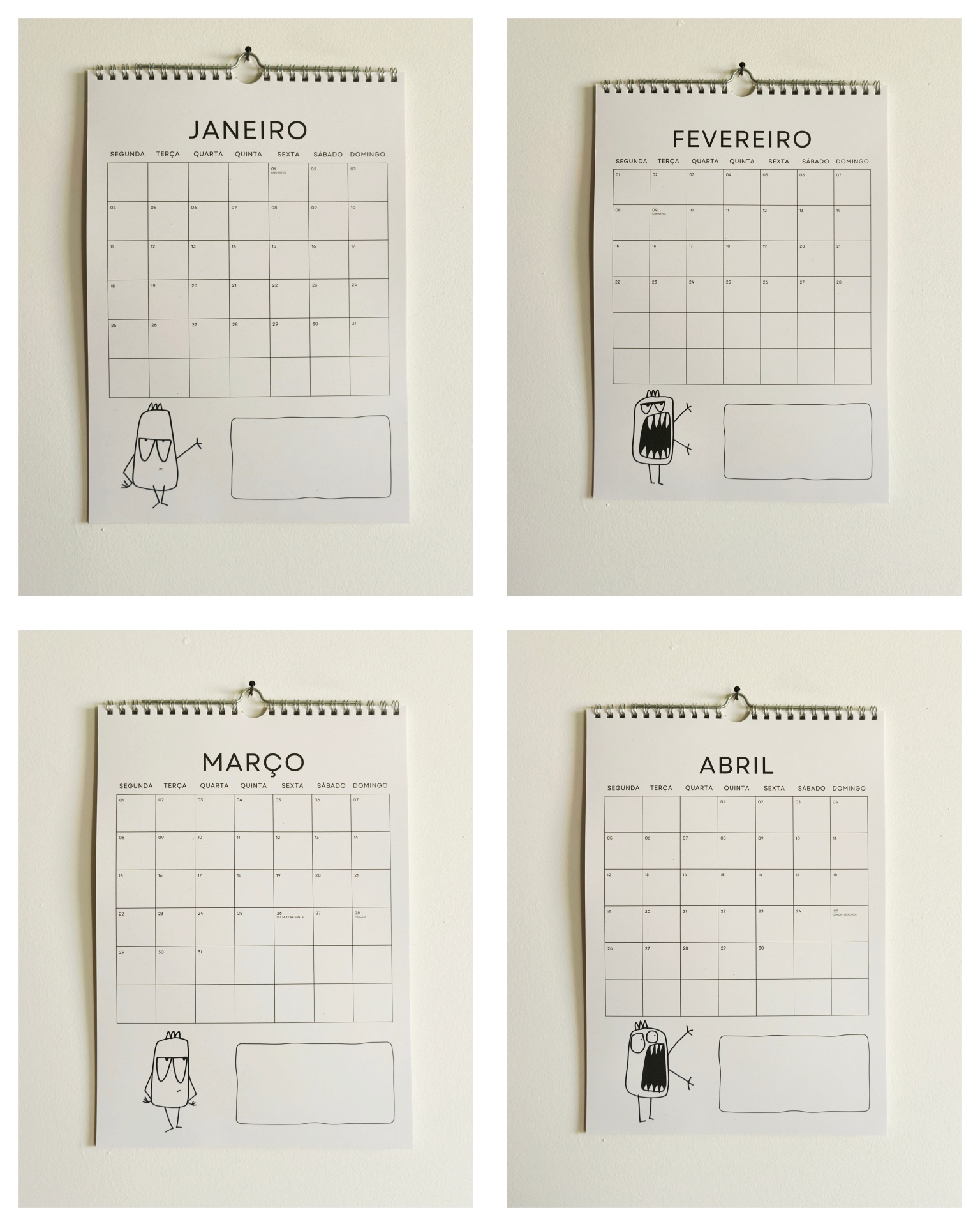 Calendário 2027 Quatro calendários mensais de papel com desenhos minimalistas em preto