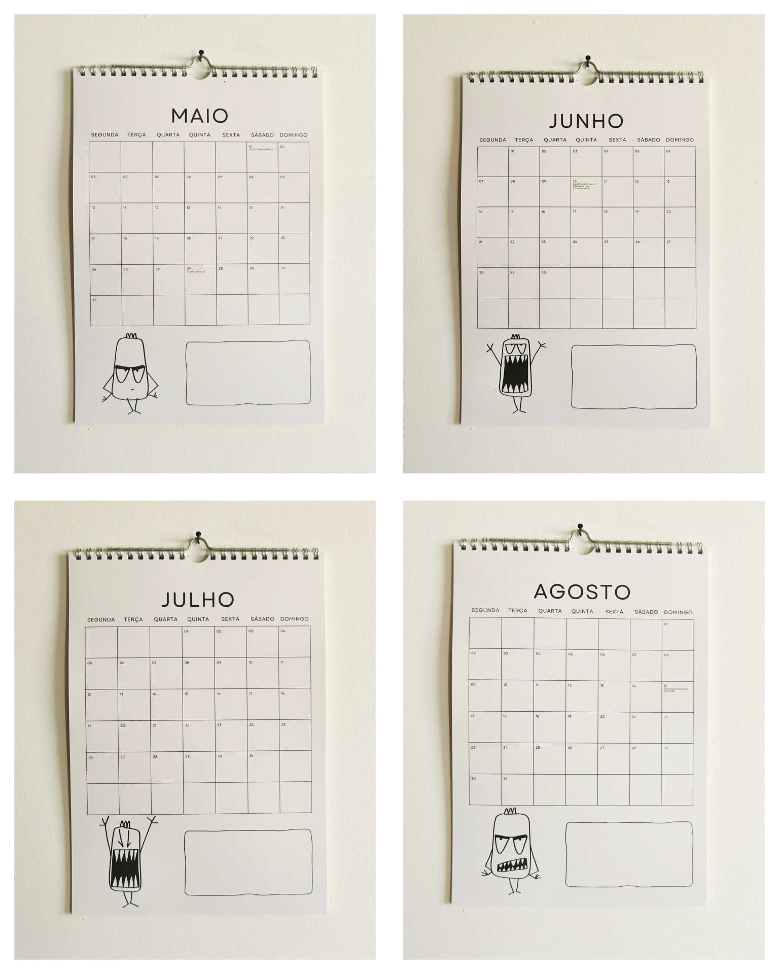 Calendário 2027 Calendários de parede em papel branco com design minimalista e personagens desenhados em preto para os meses Maio, Junho, Julho e Agosto.