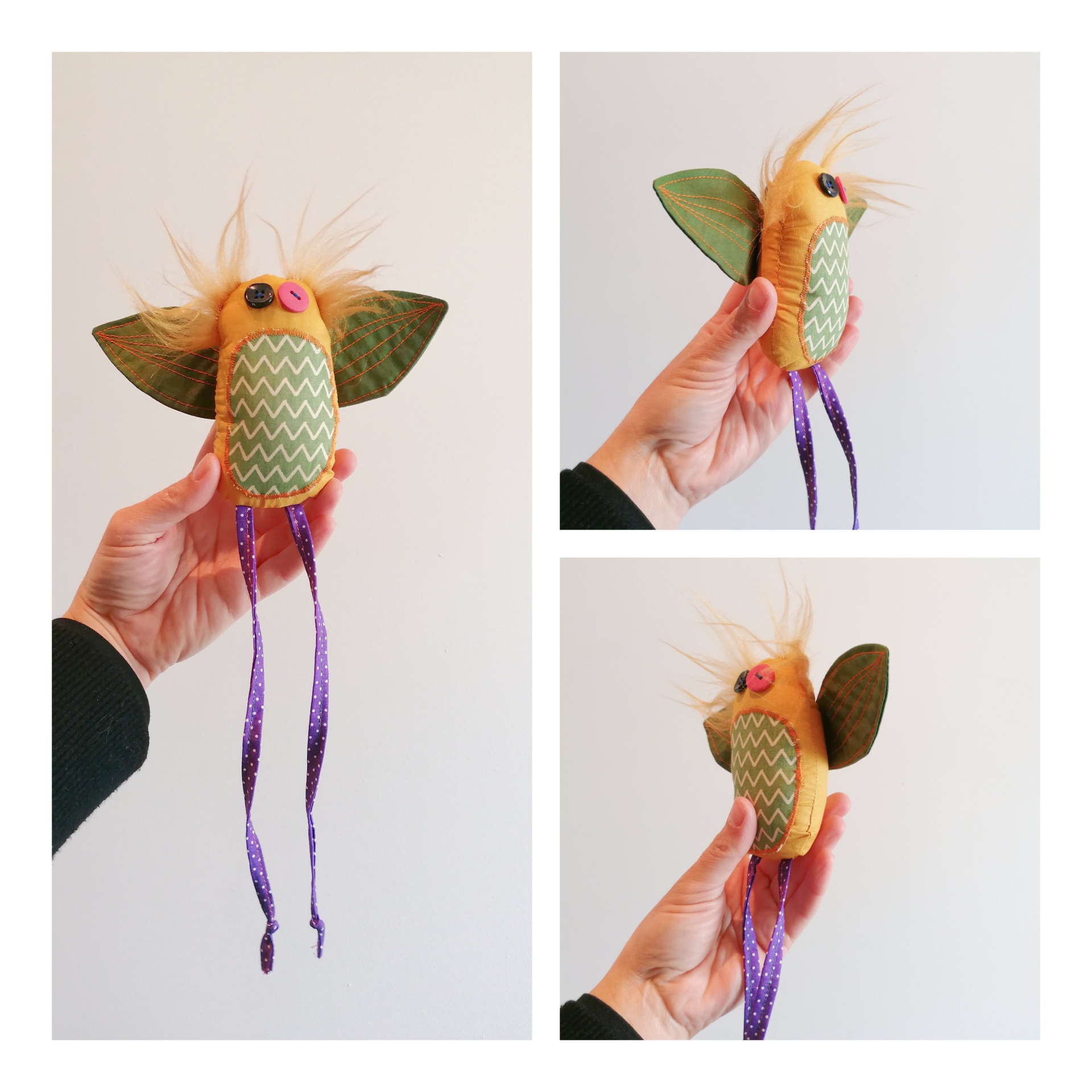 Passatortos! Boneco artesanal de pássaro amarelo com asas verdes e fitas roxas