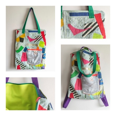 Mochila patchwork multicolor com bolso frontal de ganga e alças verdes e roxas