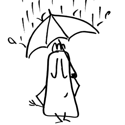 Desenho simples a preto e branco de personagem com guarda-chuva na chuva