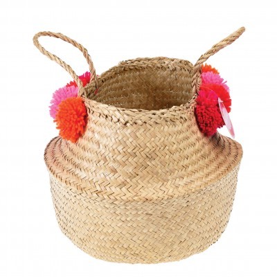 Cesto Pompons Rosa e Vermelho