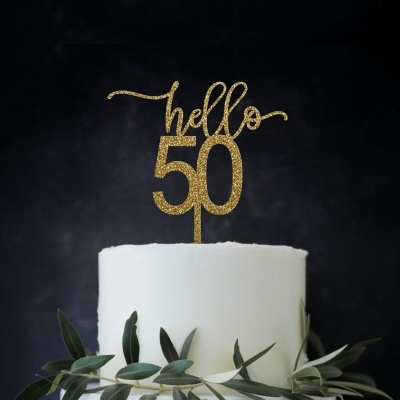 Topo Bolo Hello 50 Acrilico Glitter