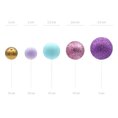 Toppers Bolas Lilás, Rosa, Azul e Dourado