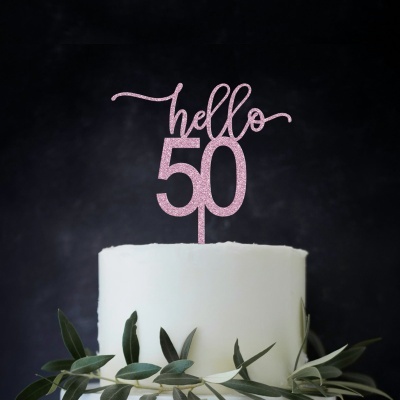 Topo Bolo Hello 50 Acrilico Glitter
