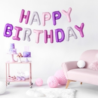 Balões Happy Birthday Rosa e Lilás