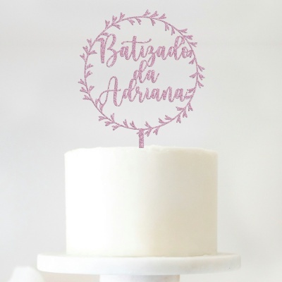 Topo Bolo Batismo Moldura Acrílico Glitter