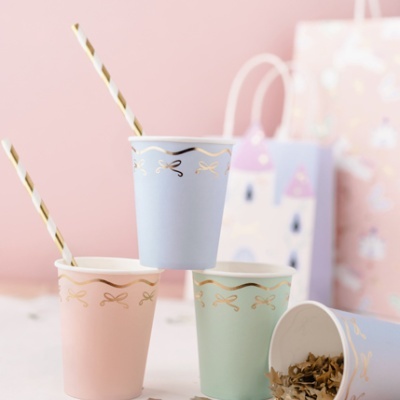 Copos Cores Pastel Laço Dourado