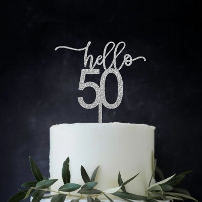 Topo Bolo Hello 50 Acrilico Glitter