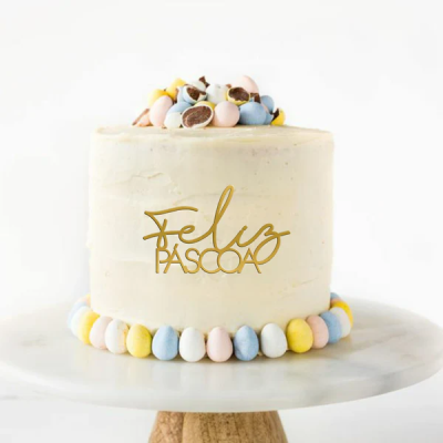 Aplique Frente de Bolo Feliz Páscoa Dourado