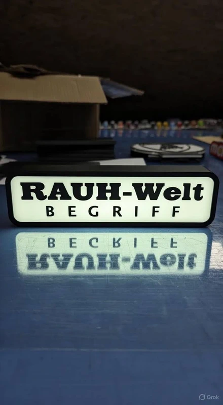 Placa iluminada RAUH-Welt BEGRIFF sobre superfície azul refletora